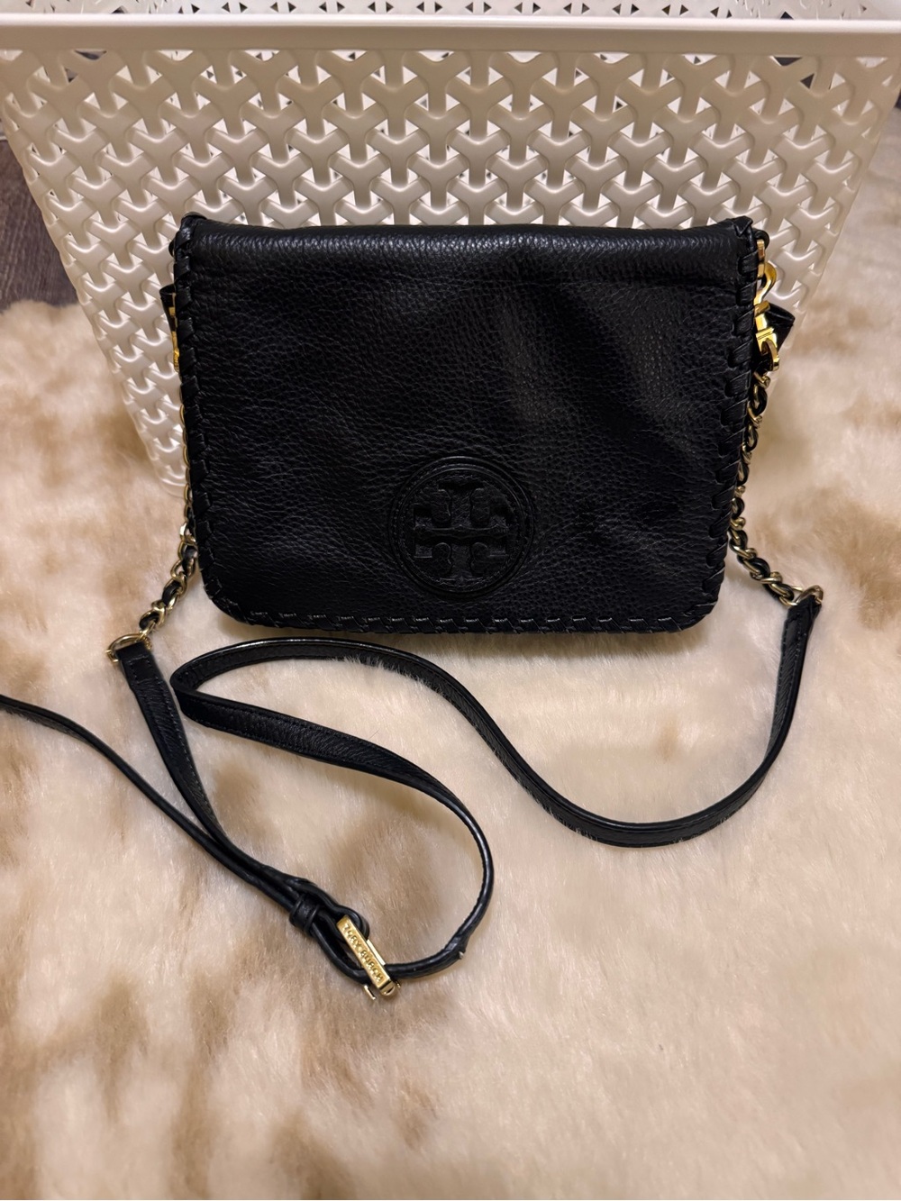 Tory Burch Black Leather Whipstitch Crossbody with Gold Chain Detail